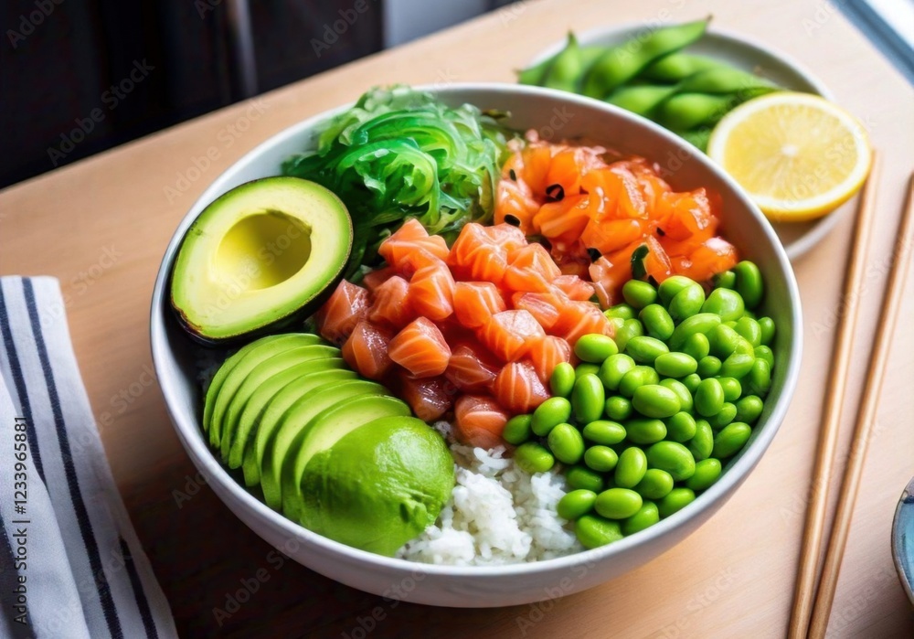 A colorful poke bowl with diced salmon, avocado, and edamame 1 A colorful poke bowl with diced salmon, avocado, and edamame 1