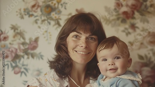 Affectionate Mother and Baby Portrait Vintage Style 70s Home Interior