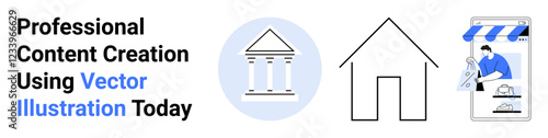 Bank pillar circle icon, simple house outline, and a man working in an online store. Ideal for business, real estate, finance, e-commerce, content creation services modern technology. Flat landing