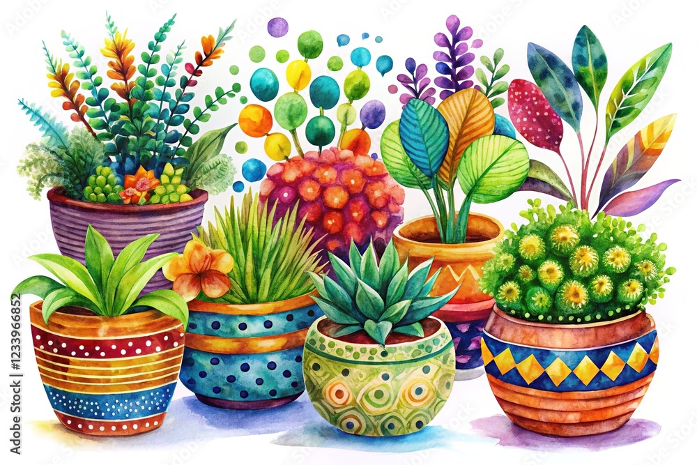 Watercolor Plant Baskets Depicting Circles in Abstract Patterns Watercolor Plant Baskets Depicting Circles in Abstract Patterns