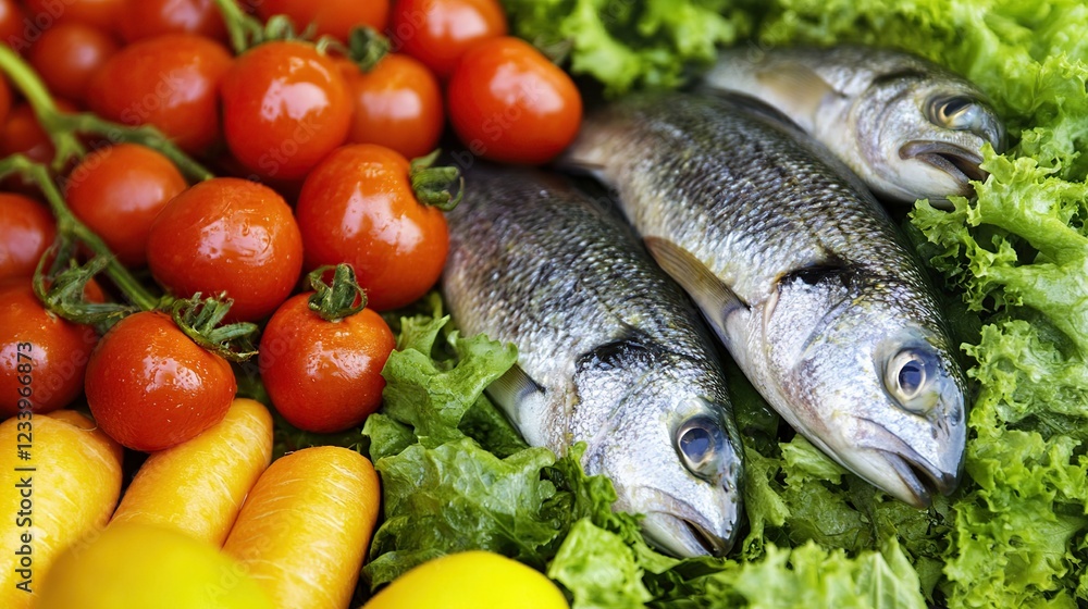 Fresh fish, tomatoes, and vegetables at market Fresh fish, tomatoes, and vegetables at market