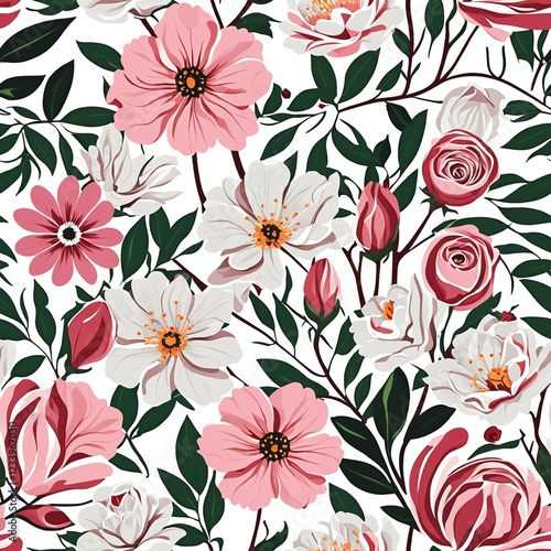 Wallpaper Mural Roses flowers on branches. Millefleurs trendy floral design. Seamless pattern, background Torontodigital.ca