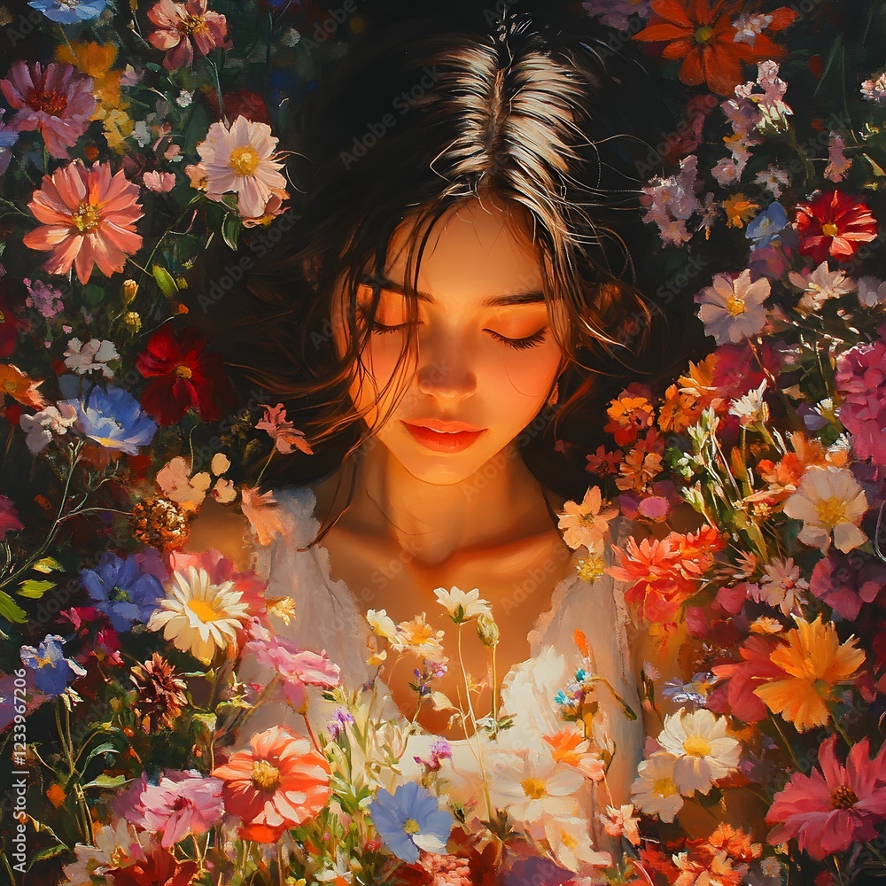Mysterious secret garden with a beautiful woman surrounded by vibrant flowers using oil painting techniques and chiaroscuro lighting to highlight intricate details in a surreal environment Mysterious secret garden with a beautiful woman surrounded by vibrant flowers using oil painting techniques and chiaroscuro lighting to highlight intricate details in a surreal environment