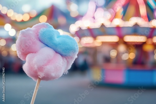 Fototapeta Naklejka Na Ścianę i Meble -  Pastel pink and blue cotton candy is held aloft against the backdrop of a bustling carnival adorned with bright lights and vibrant rides, capturing a moment of pure joy and nostalgia