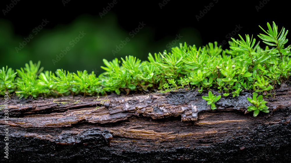 Lush green moss growing on weathered log in dark environment Lush green moss growing on weathered log in dark environment