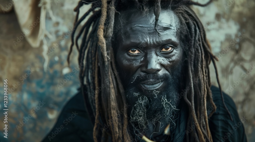 Portrait of a Dark Skinned Man with Long Dreadlocks Intense Gaze Close Up Portrait of a Dark Skinned Man with Long Dreadlocks Intense Gaze Close Up