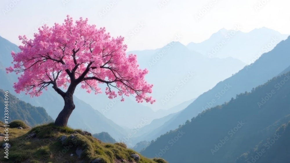 one tree with pink leaves in the mountains one tree with pink leaves in the mountains