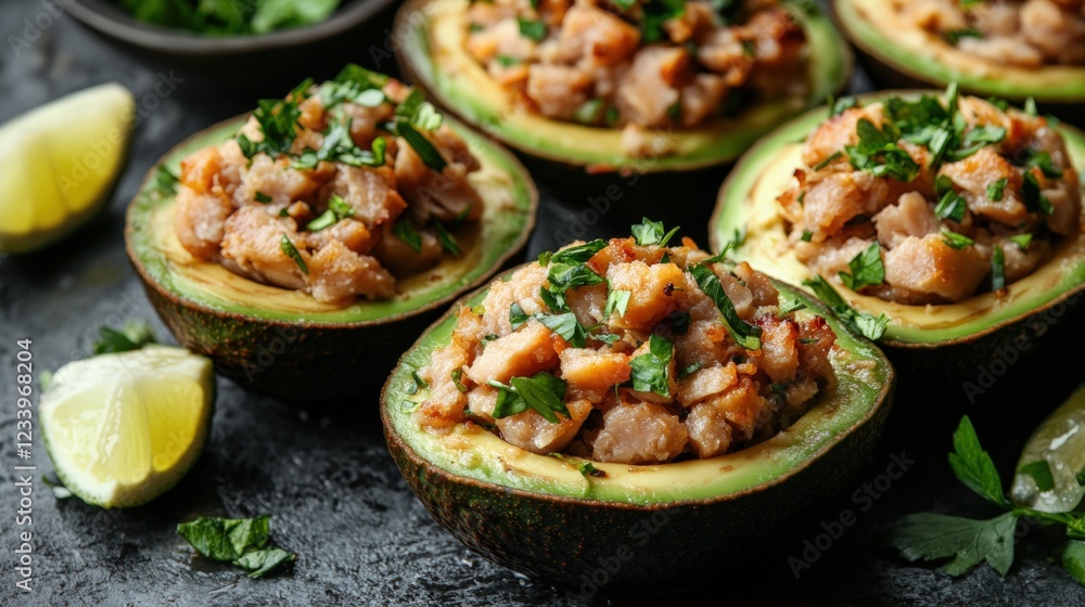 Close up of a plate of stuffed avocados with various ingredients and garnishes Close up of a plate of stuffed avocados with various ingredients and garnishes