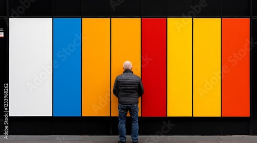 Man in Front of Color Wall: A solitary figure contemplates a vibrant wall of bold colors - a captivating juxtaposition of monochrome and chromatic, prompting reflections on contrast, individuality.