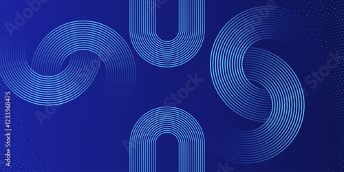 Abstract glowing circle lines on dark blue background. Geometric stripe line art design.