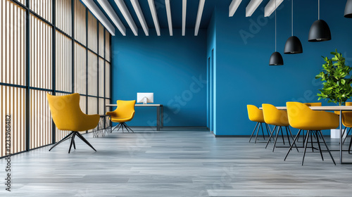 Modern office interior with blue walls and yellow furniture