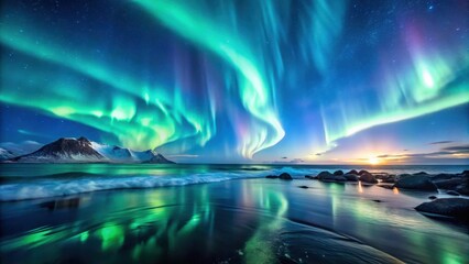 Rideaux  Aurora Borealis over Northern Sea, Celestial Background, Ocean Waves  © Praphunsak