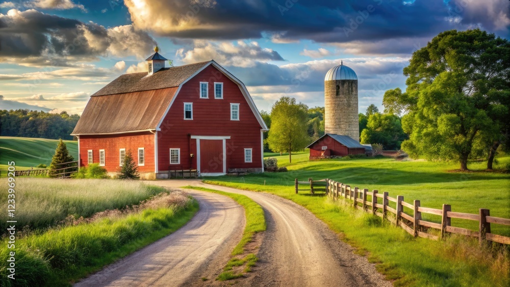 Fototapeta premium A serene rural landscape with traditional red barn and silo, capturing the charm and tranquility of farm life.