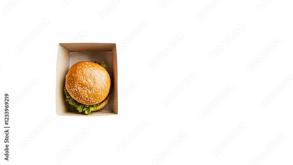 Top view of a sesame seed hamburger in a blank white takeaway box, isolated on clean white background for food branding and marketing. Top view of a sesame seed hamburger in a blank white takeaway box, isolated on clean white background for food branding and marketing.