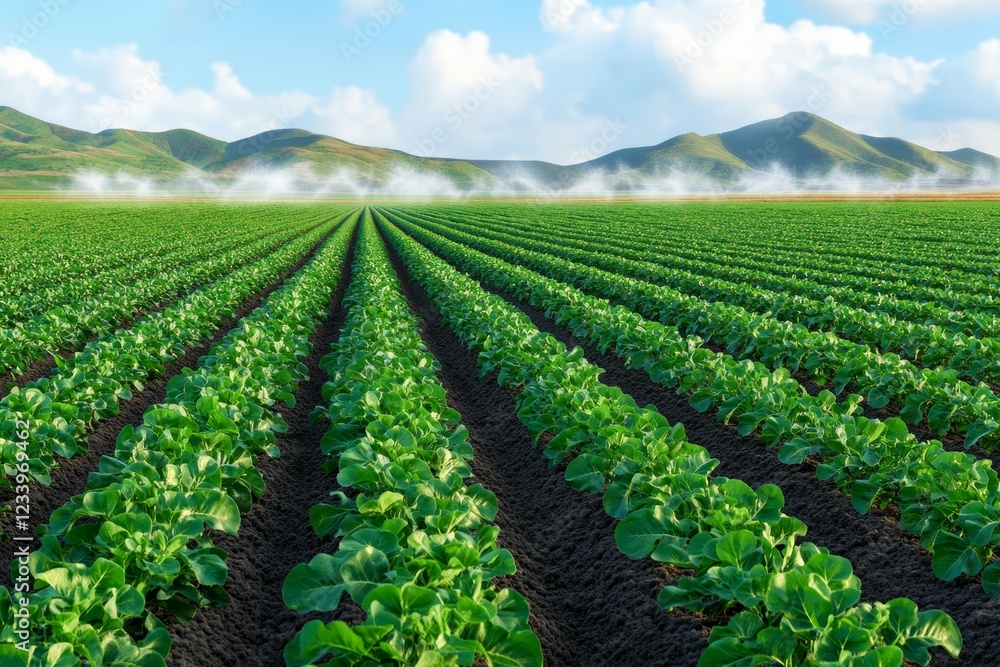 Obraz premium Lush Green Lettuce Fields with Misty Mountains and Blue Sky in the Background
