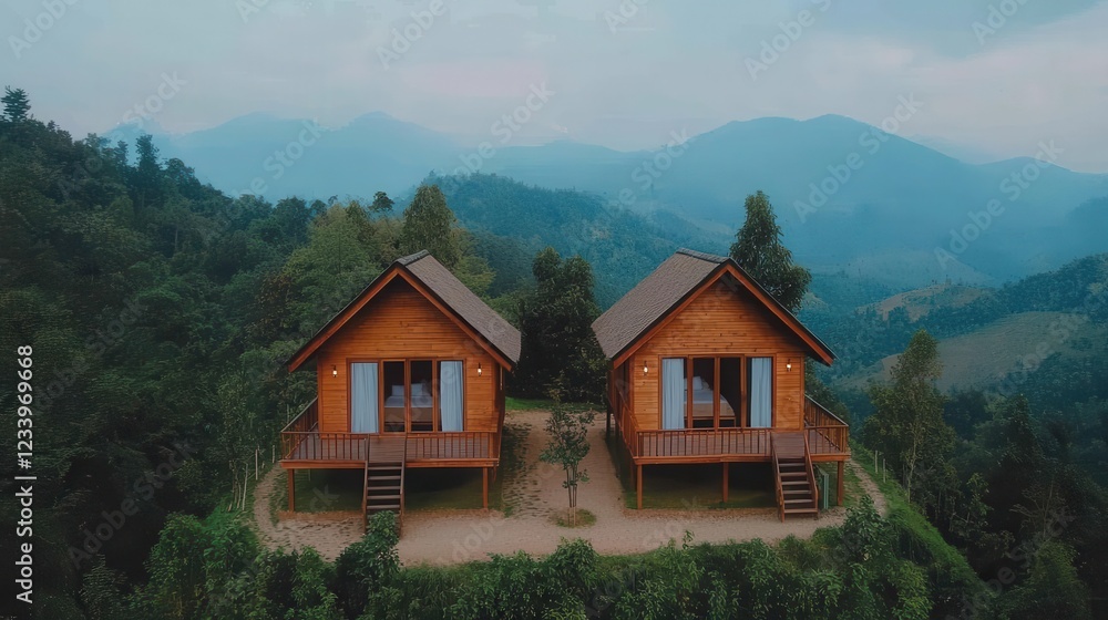 Cozy Wooden Cabins on Scenic Mountain Landscape Cozy Wooden Cabins on Scenic Mountain Landscape