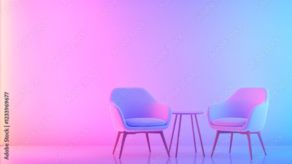 Modern Minimalist Lounge with Vibrant Gradient Lighting and Chic Armchairs Modern Minimalist Lounge with Vibrant Gradient Lighting and Chic Armchairs