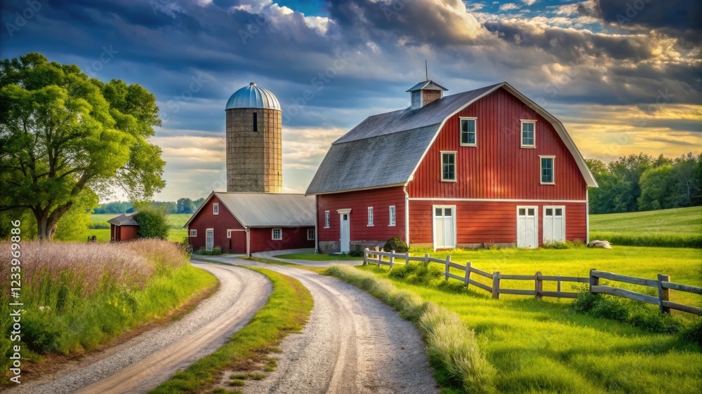 Fototapeta premium A serene rural landscape with traditional red barn and silo, capturing the charm and tranquility of farm life.