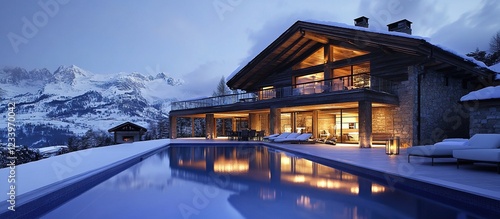 Luxurious chalet with pool in snowy mountains at dusk.