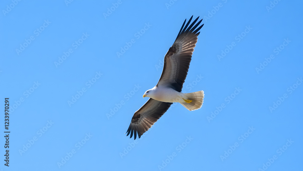 Obraz premium High quality photo of a soaring seagull against a clear blue sky set against a copy space image