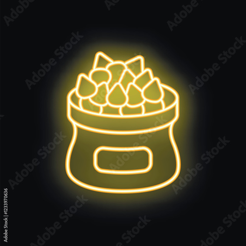 Yellow neon sign depicting a full sack of potatoes, glowing on a black background