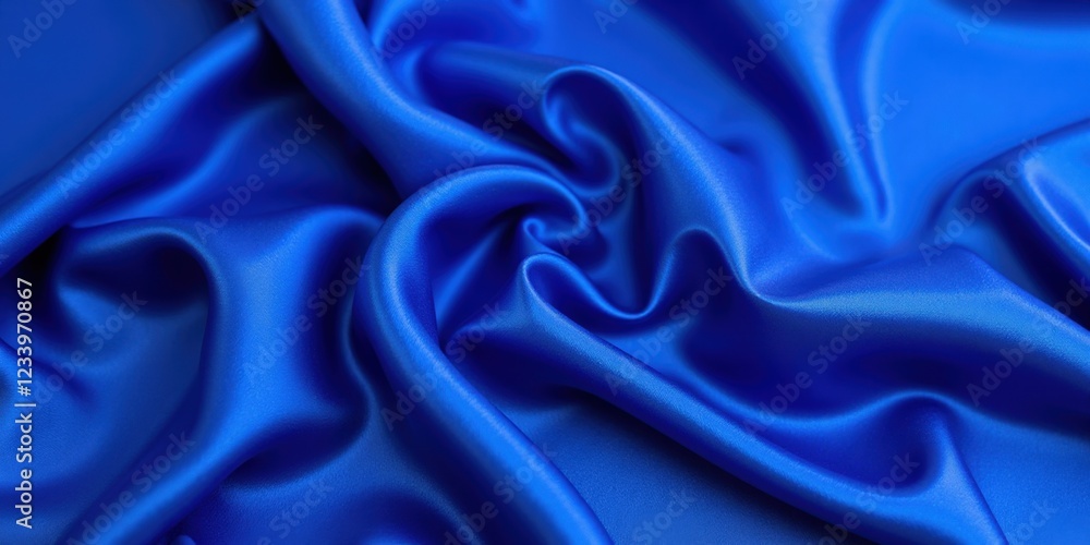 Fototapeta premium Deep royal blue satin fabric with a smooth, glossy surface. Intricate folds and creases evoke dynamic motion, capturing elegance in every detail