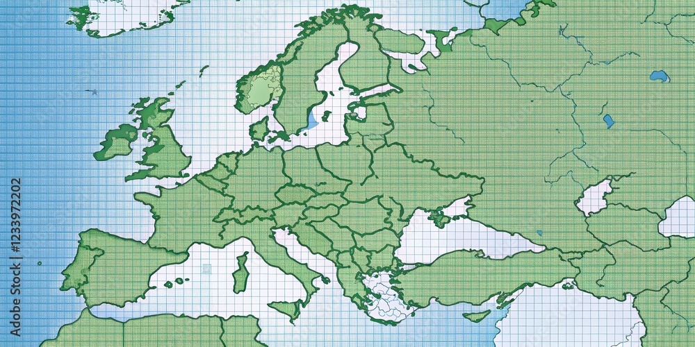 Fototapeta premium Detailed map of Europe with shaded regions and country borders, featuring a subtle grid pattern for scale, european maps, detailed illustration