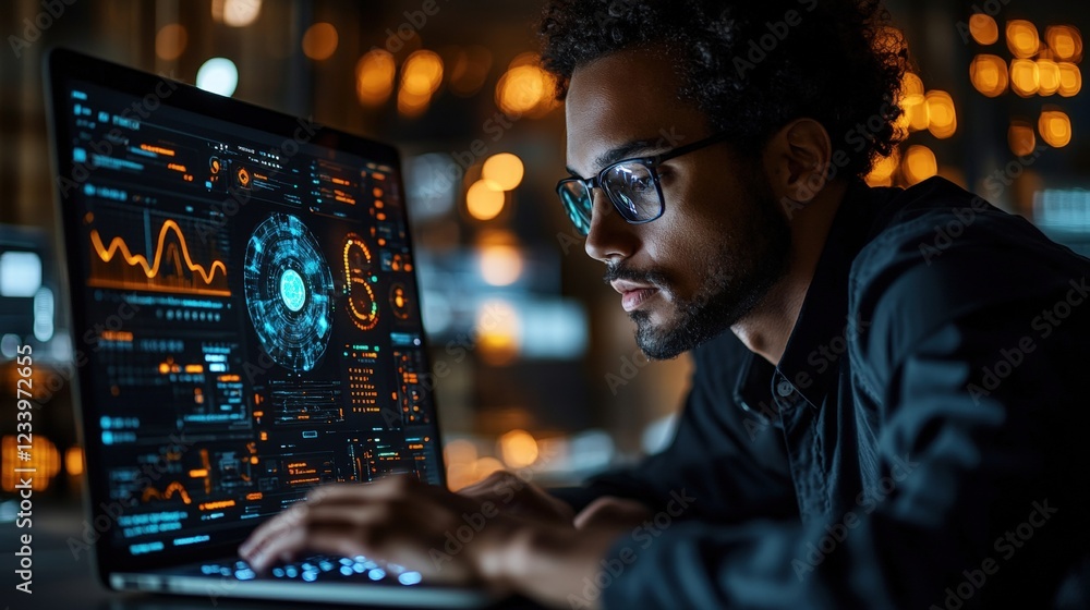 Man wearing glasses working on a laptop in a modern office environment Man wearing glasses working on a laptop in a modern office environment