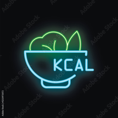 Neon sign illustrating a bowl of salad with kcal text, perfect for promoting healthy eating habits and nutritional awareness
