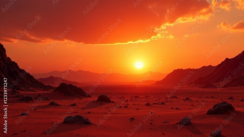 Naklejka premium beautiful sunset on mars with setting sun