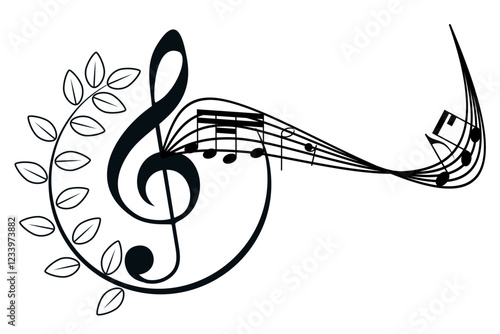 Black treble clef sign, decorated music key symbol, musical melody illustration, notes sound icons. Musical background, design fest card, jazz poster, concert performance banner. Copy space, isolated