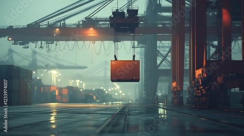 Moody twilight illuminates giant crane lifting cargo container at busy port. AI Generated photo