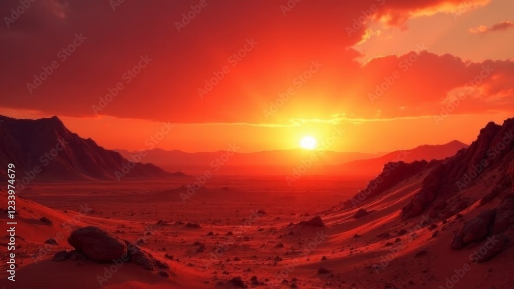 Naklejka premium beautiful sunset on mars with setting sun