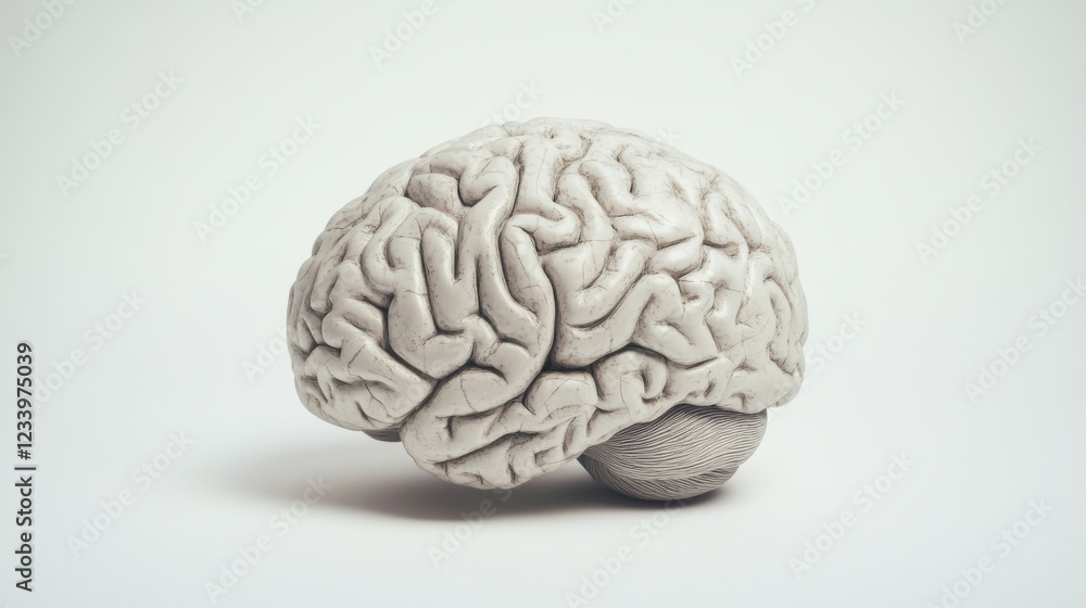 Close-up of a detailed human brain model with natural wrinkles and fading colors, representing the aging process, placed on a clean white background with ample space for text. Concept of neuroscience Close-up of a detailed human brain model with natural wrinkles and fading colors, representing the aging process, placed on a clean white background with ample space for text. Concept of neuroscience