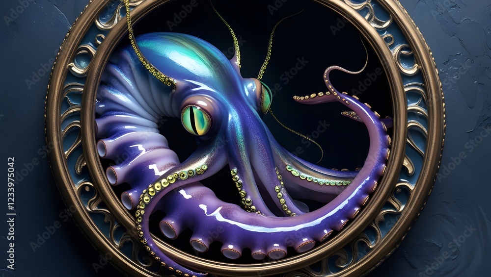 Stylized octopus in an ornate frame, featuring vibrant colors and intricate details against a dark, textured background. Stylized octopus in an ornate frame, featuring vibrant colors and intricate details against a dark, textured background.