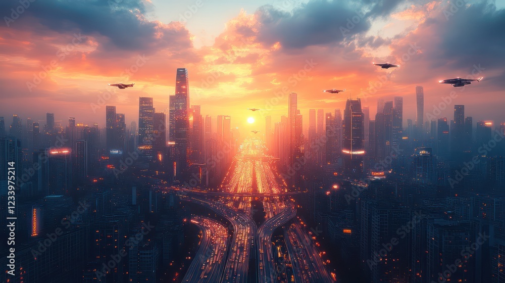 Fototapeta premium Futuristic Cityscape at Sunset: Drones Flying Over a Modern Metropolis