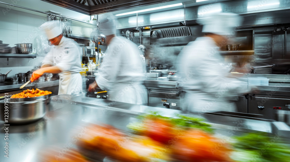 Obraz premium Two chefs in a professional kitchen are working together, their movements creating a blurred effect. The stainless steel counters and equipment reflect the kitchen's intensity