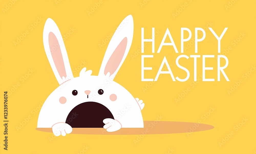 Flat Illustration of White Bunny Jumping on Yellow Background: Happy Easter Poster for Children's Books & Sales Flat Illustration of White Bunny Jumping on Yellow Background: Happy Easter Poster for Children's Books & Sales