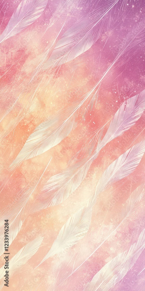 Soft lavender and peach skies alternate, with delicate, feather-like clouds adding a hyper-detailed, calming touch to the design with a dreamy, tranquil feel. Soft lavender and peach skies alternate, with delicate, feather-like clouds adding a hyper-detailed, calming touch to the design with a dreamy, tranquil feel.