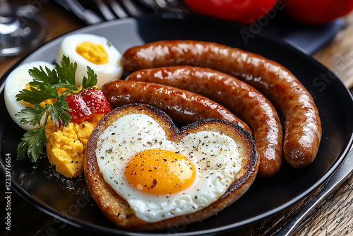 heart shaped eggs and sausages. hearty hot romantic breakfast for valentine's day photo