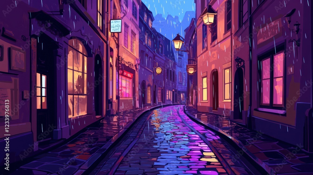 Fototapeta premium Rainy Night Cobblestone Street, Cityscape, Twilight, Illustration