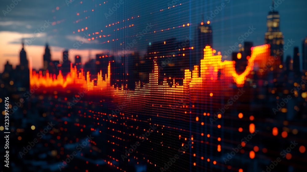 Fototapeta premium Dynamic Cityscape Stock Image: Vibrant orange graph overlays nighttime city showing market trends. AI Generated