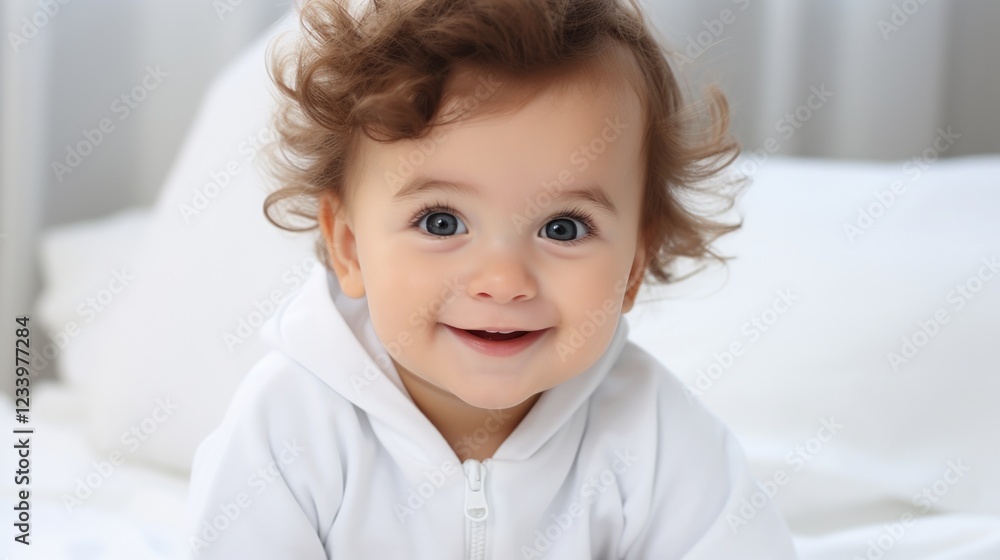 Happy baby with curly hair and bright smile in cozy setting Happy baby with curly hair and bright smile in cozy setting