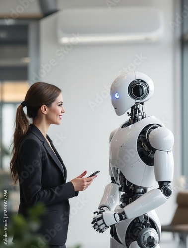 AI Robot and Businesswoman Discussing Future Workforce, Human-AI Collaboration