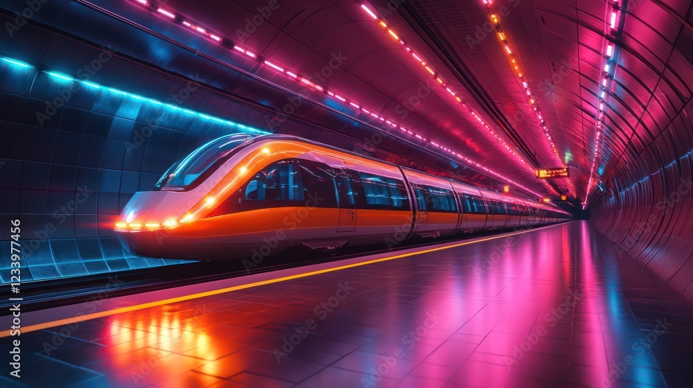 Neon Nights: High-Speed Train in Futuristic Subway Neon Nights: High-Speed Train in Futuristic Subway