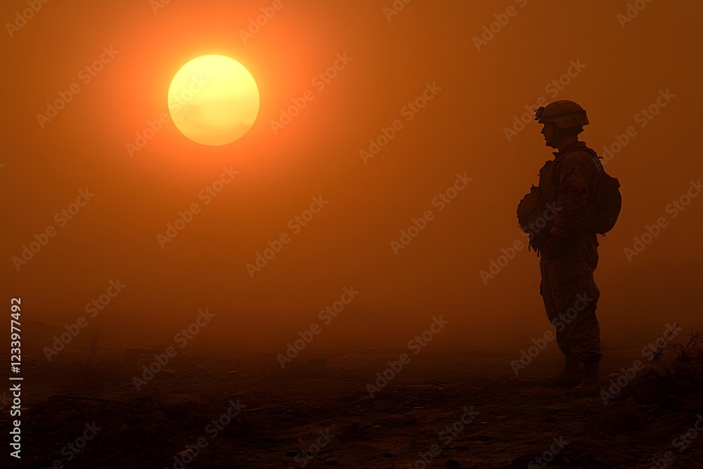 Fototapeta premium Soldier at Sunset: Dramatic Silhouette in Dusty Desert Scene for Military Themes