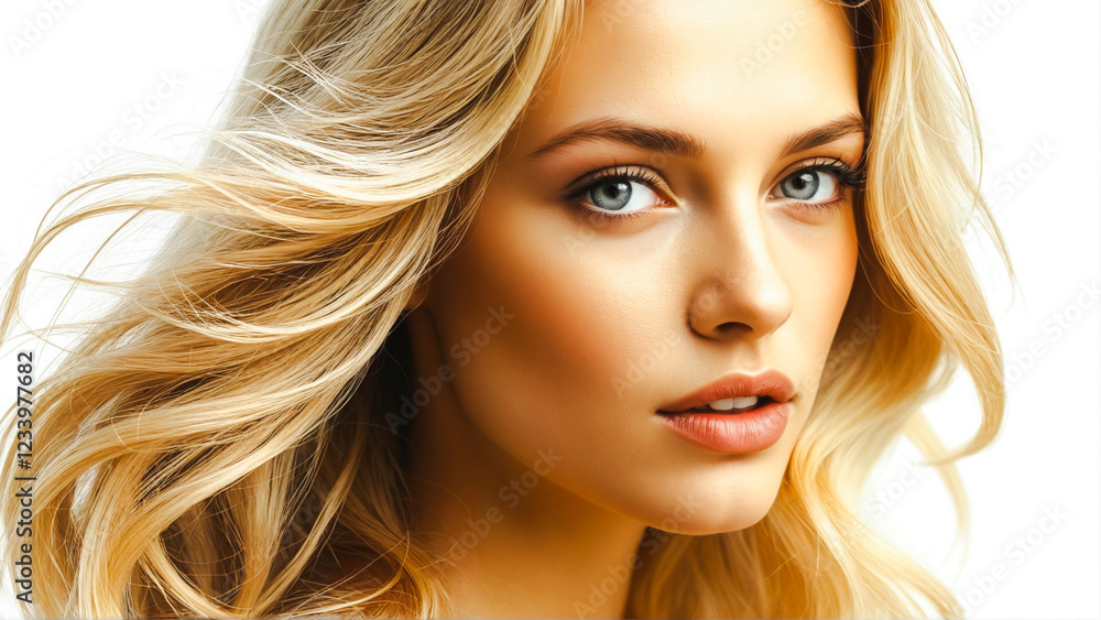 Obraz premium Portrait of a delightful beauty with blue eyes and blonde wave hair. The model poses in front of the camera close-up.