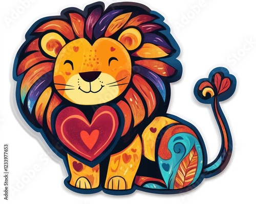 Colorful lion holding heart, whimsical style, white background, children's book illustration photo