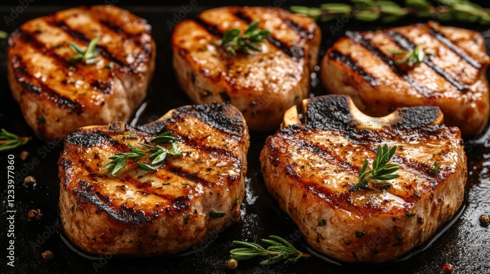 Pan of cooked chicken breasts garnished with fresh herbs ready for serving in a home kitchen Pan of cooked chicken breasts garnished with fresh herbs ready for serving in a home kitchen