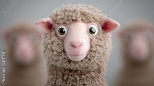 Cute cartoon sheep, close-up portrait, blurred background, flock photo